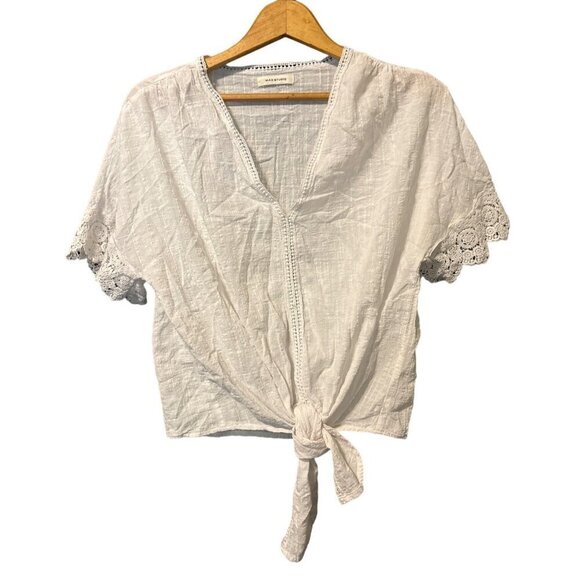 Max Studio Short Sleeve Blouse White Eyelet Lace Tie Front Cotton Blend LRG? - Picture 1 of 8